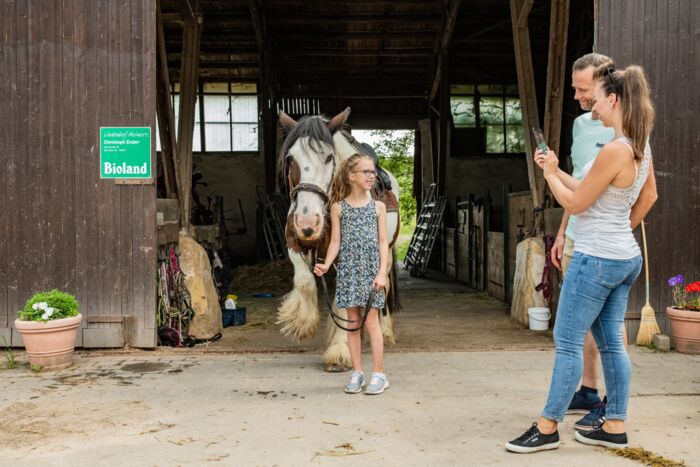 Bioland Bauernhof Lindenhof Meimers mit Pferd, Kind und Eltern